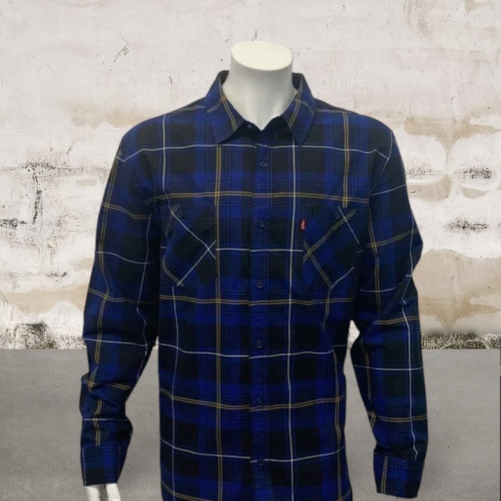 Levi's Strauss Blue Black Yellow Plaid Western Men's Long Sleeve Shirt XL EUC